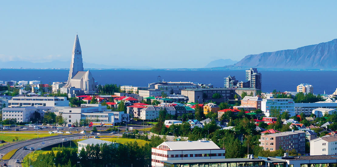 A view towards the sea over the city of Reykjavik, Iceland